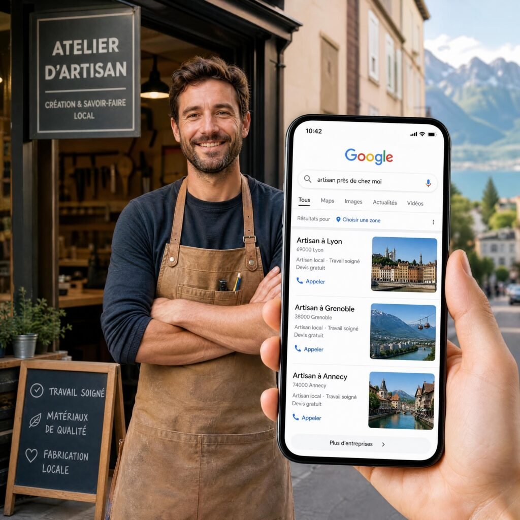 Artisan local devant son atelier avec smartphone affichant une recherche Google à Lyon, Grenoble et Annecy