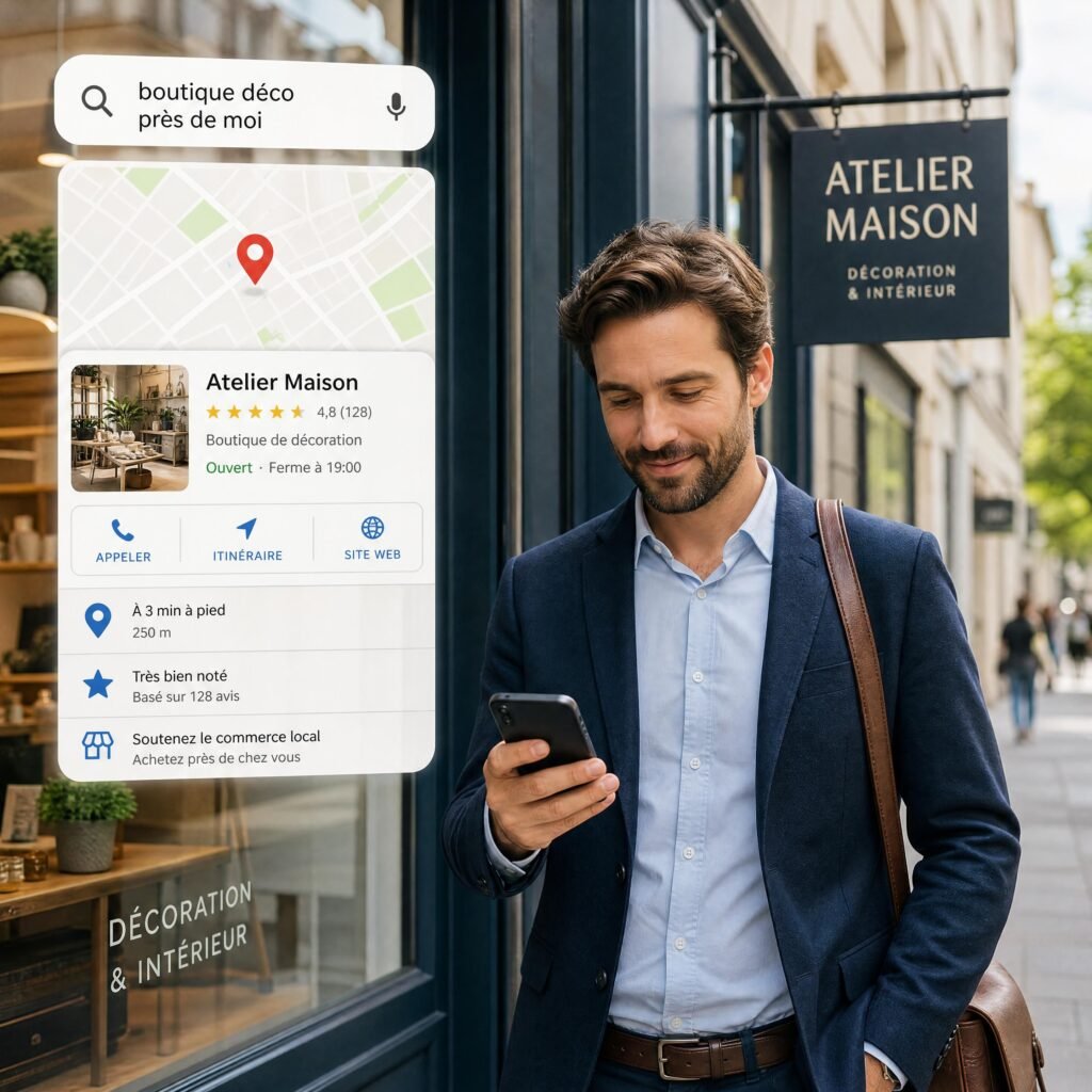 Un entrepreneur consultant son smartphone devant une vitrine de commerce en centre-ville, illustrant la recherche locale moderne