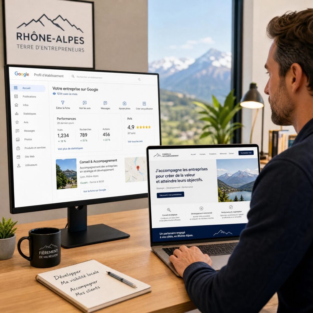 entrepreneur de Rhône-Alpes consultant son profil Google Business Profile et son site internet professionnel sur ordinateur