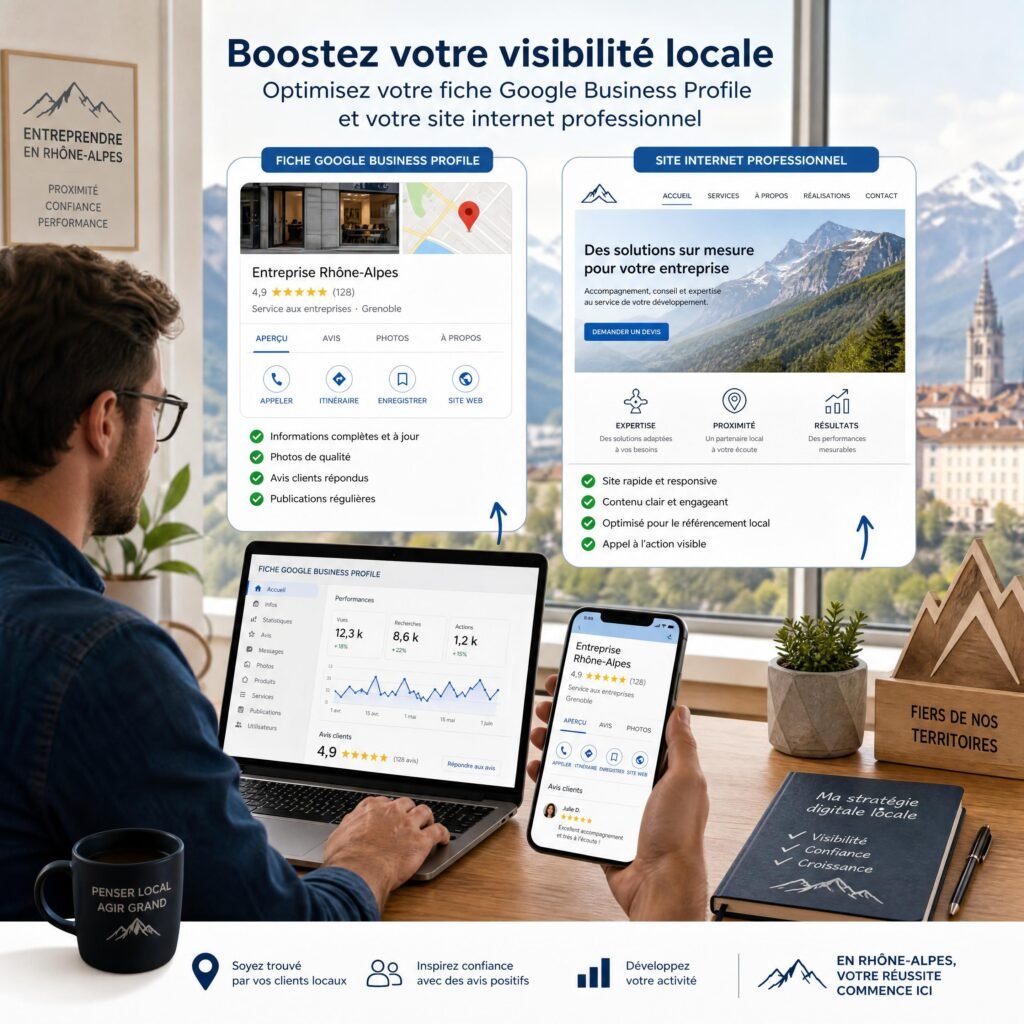entrepreneur rhônalpin optimisant sa fiche Google Business Profile et son site internet professionnel