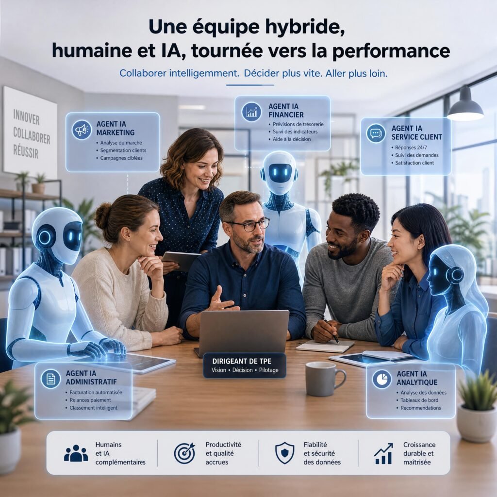 Illustration futuriste d’une équipe hybride composée d’un dirigeant de TPE, de collaborateurs humains et d’agents IA spécialisés
