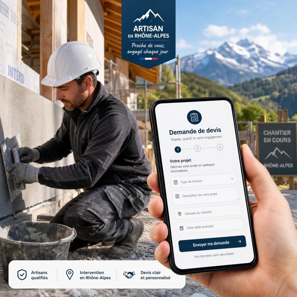 artisan du bâtiment en intervention sur un chantier en Rhône-Alpes, avec téléphone professionnel affichant une demande de devis