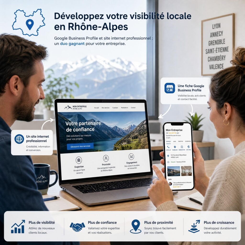 Entrepreneurs de Rhône-Alpes consultant la fiche Google Business Profile et le site internet professionnel de leur entreprise