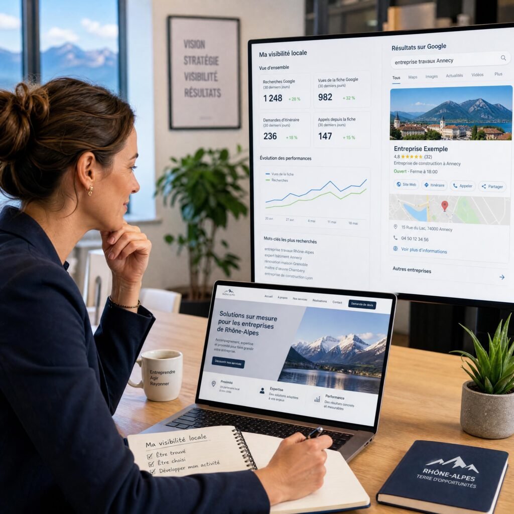 Dirigeante d’une PME de Rhône-Alpes analysant sa visibilité locale sur Google et son site internet professionnel