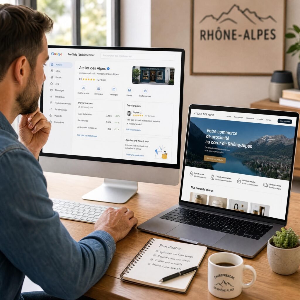 entrepreneur ou commerçant de Rhône-Alpes consultant son profil Google Business et son site internet professionnel sur ordinateur