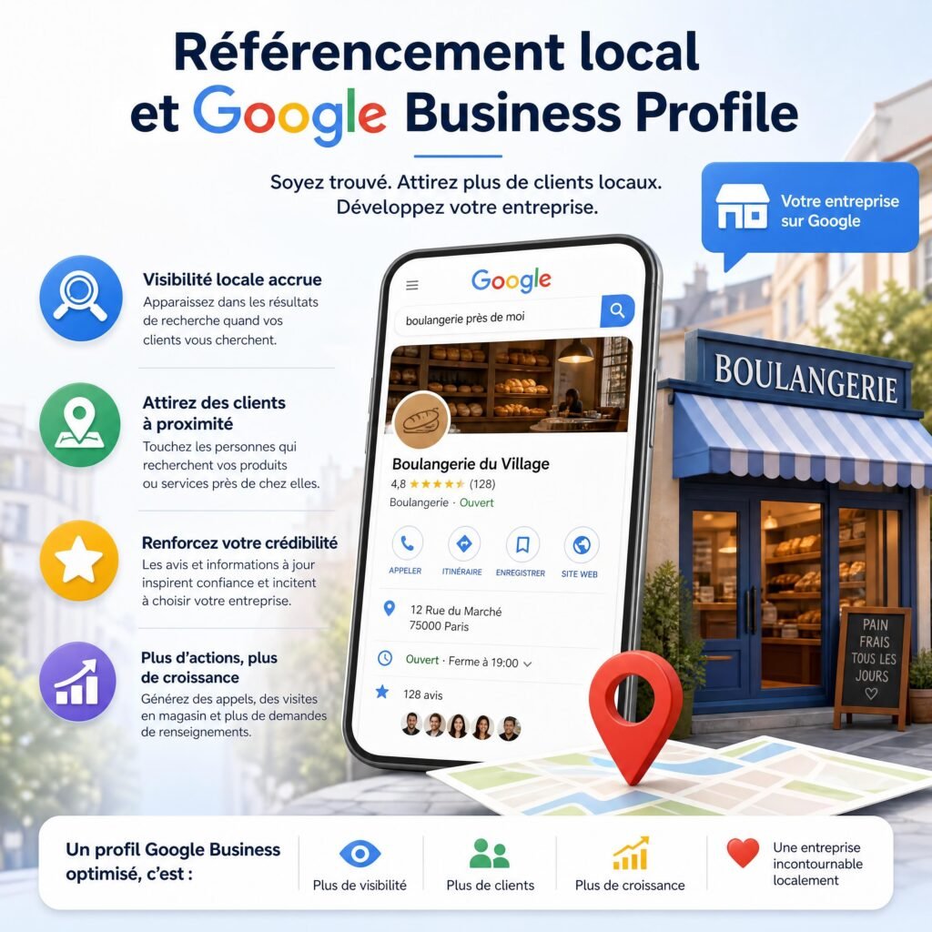 Illustration montrant l'importance du référencement local et de Google Business Profile pour une entreprise locale
