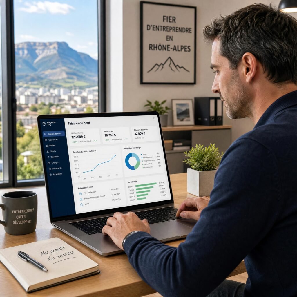 Dirigeant de TPE consultant son tableau de bord numérique dans un bureau moderne en Rhône-Alpes