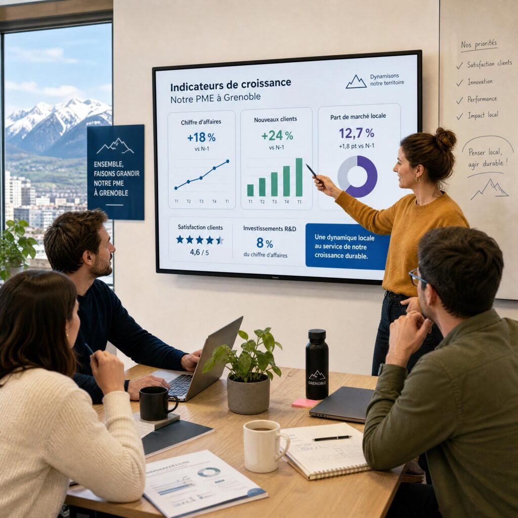 Une réunion d'équipe dans une PME de Grenoble analysant ses indicateurs de croissance locale