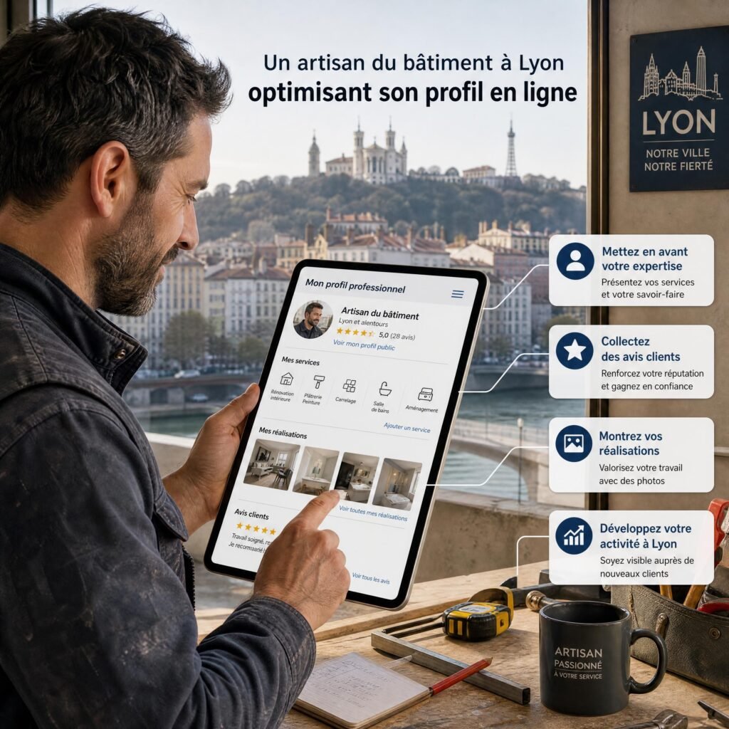 Un artisan du bâtiment à Lyon optimisant son profil en ligne sur une tablette numérique