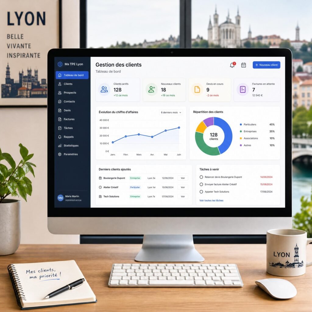 Un écran d'ordinateur affichant un tableau de bord intuitif de gestion de clients pour une TPE à Lyon