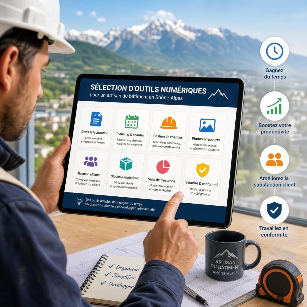 Sélection d'outils numériques sur tablette pour un artisan du bâtiment en Rhône-Alpes