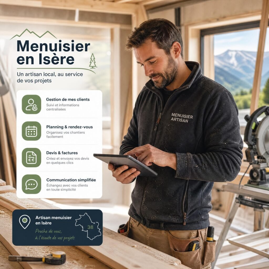 Un artisan menuisier en Isère utilisant sa tablette sur un chantier pour gérer ses clients locaux