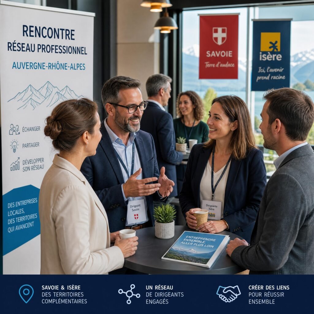 Des dirigeants de PME locales de Savoie et d'Isère échangeant lors d'une rencontre de réseau professionnel en Auvergne-Rhône-Alpes
