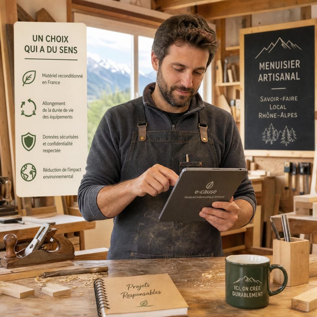 Un artisan menuisier de la région Rhône-Alpes utilisant une tablette numérique éthique dans son atelier