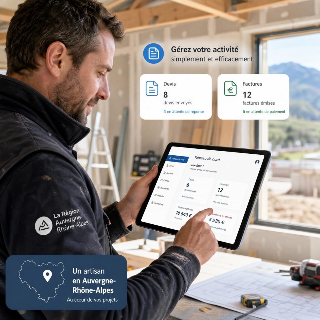 Un artisan de la région Auvergne-Rhône-Alpes utilisant une tablette numérique sur un chantier pour gérer ses devis et ses factures