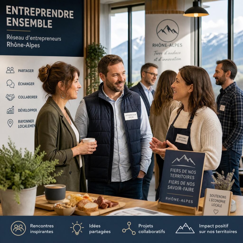 Des entrepreneurs locaux et artisans de la région Rhône-Alpes échangeant lors d'une rencontre de réseau professionnel
