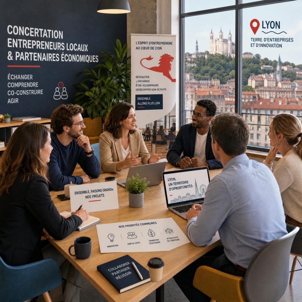Une réunion de concertation entre entrepreneurs locaux et partenaires économiques dans un espace collaboratif à Lyon