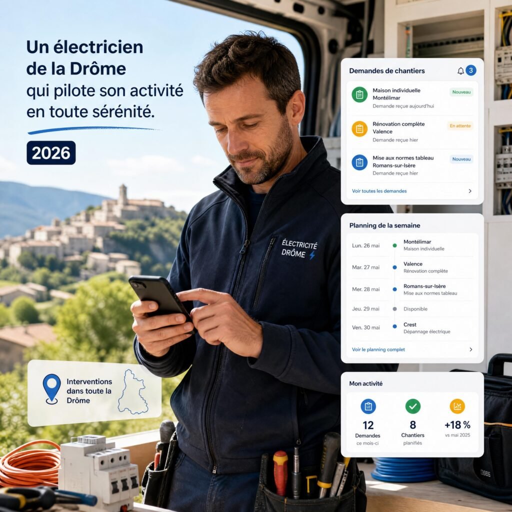 Un artisan électricien de la Drôme analysant ses demandes de chantiers et sa planification sur son smartphone en 2026