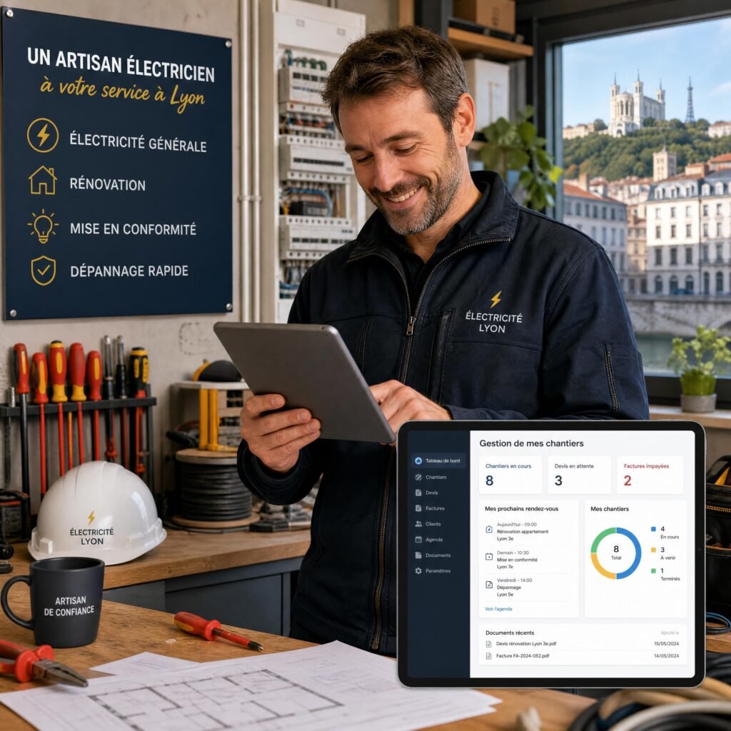 Un artisan électricien souriant dans son atelier à Lyon, utilisant une tablette numérique pour gérer ses chantiers