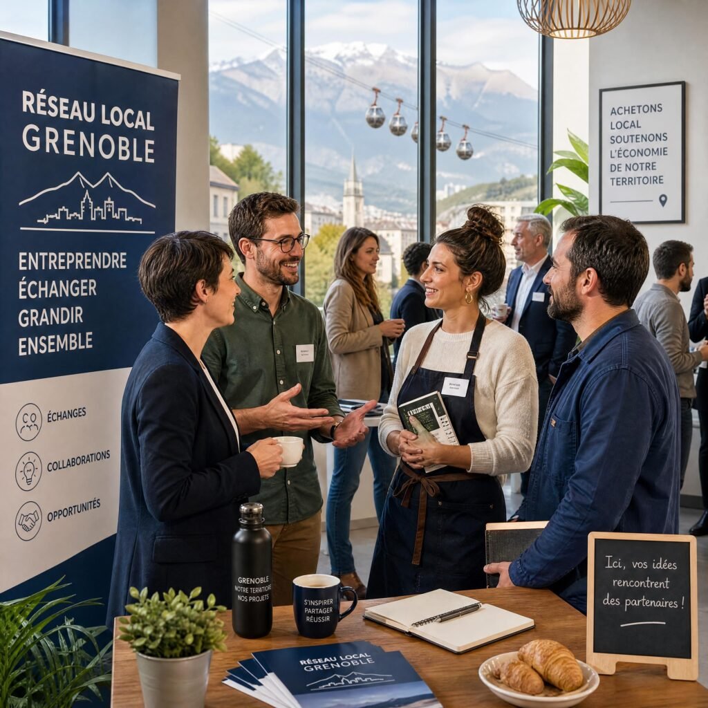 Un groupe d'entrepreneurs et d'artisans locaux échangeant lors d'une réunion de réseau professionnel à Grenoble