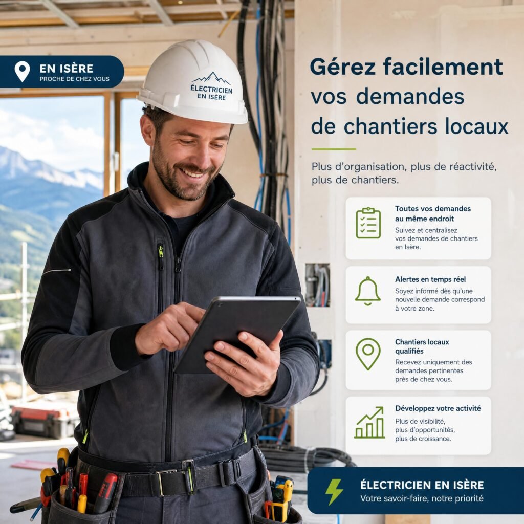 Un artisan électricien souriant sur un chantier en Isère, consultant sa tablette pour gérer ses demandes de chantiers locaux