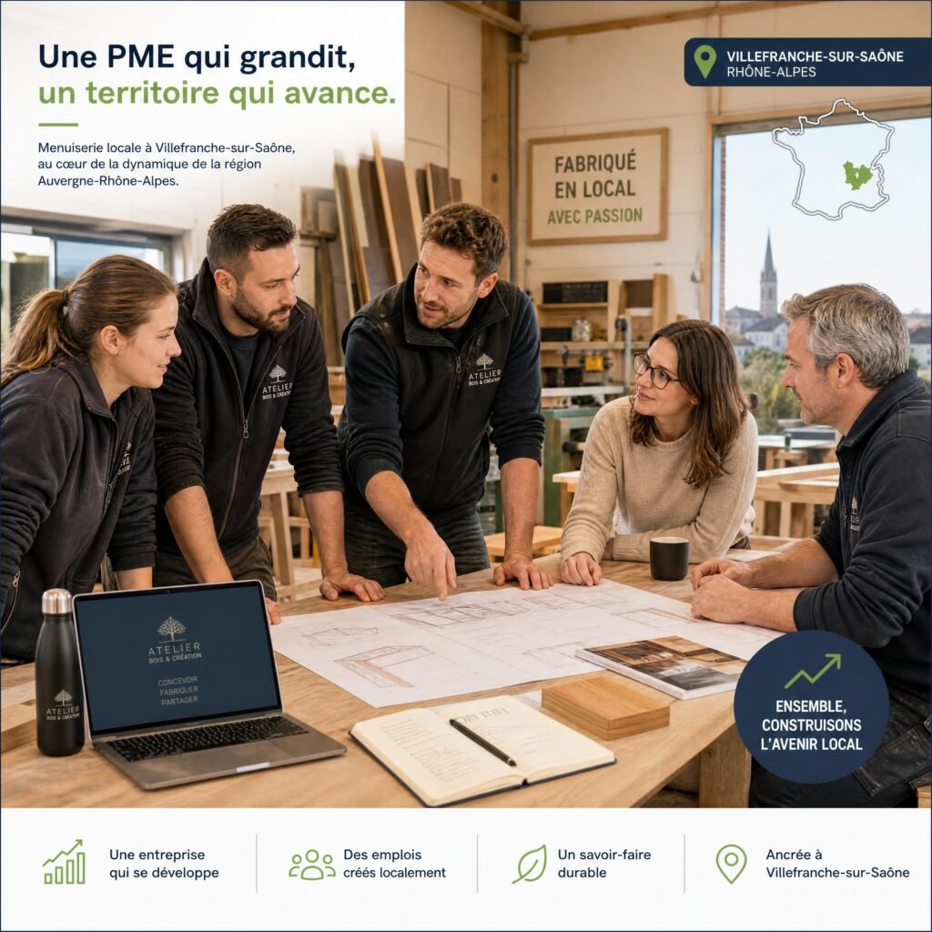 Une réunion d'équipe dans une PME de menuiserie dynamique à Villefranche-sur-Saône, symbole de la croissance locale en Rhône-Alpes