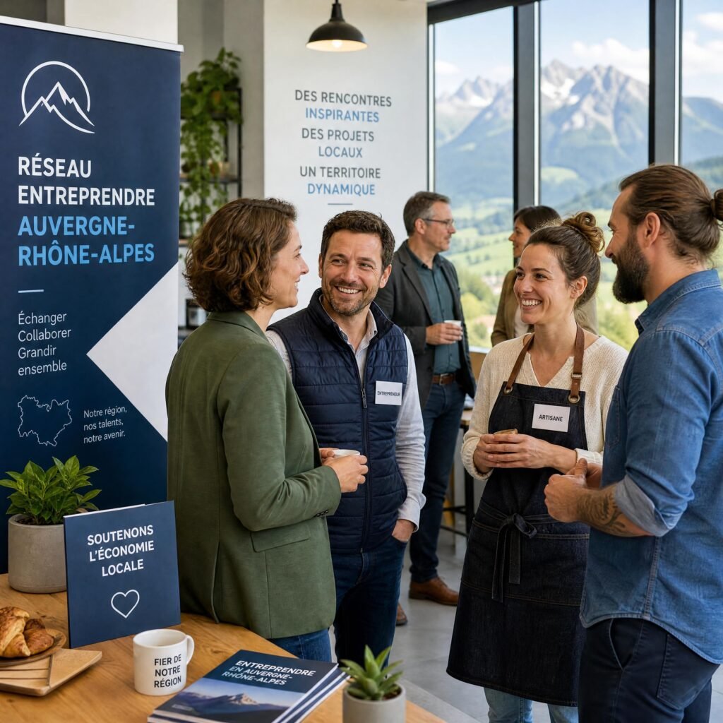 Un groupe d'entrepreneurs et d'artisans de la région Auvergne-Rhône-Alpes échangeant chaleureusement lors d'une rencontre de réseau professionnel local