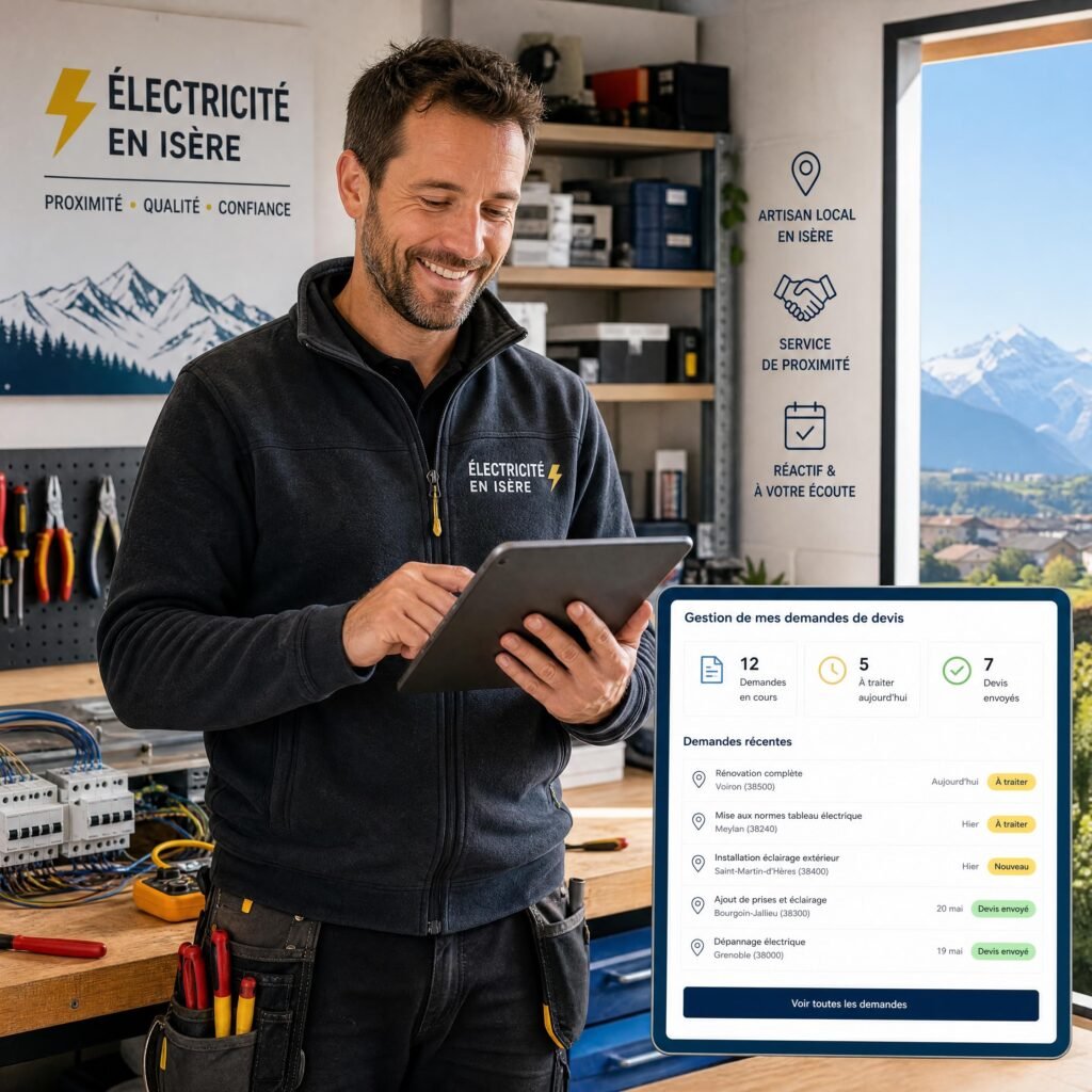 Un artisan électricien souriant dans son atelier en Isère, consultant sa tablette pour gérer ses demandes de devis locales