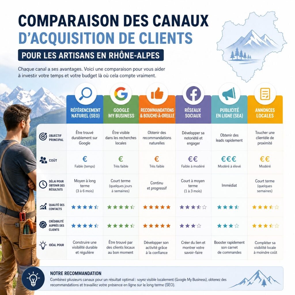 Comparaison des canaux d'acquisition de clients pour les artisans en Rhône-Alpes