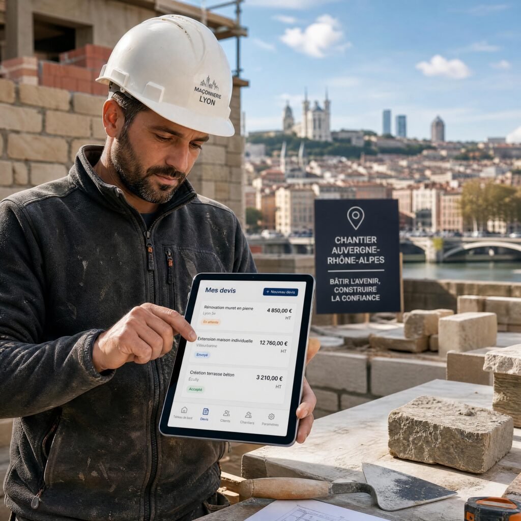 Un artisan maçon à Lyon analysant ses devis sur une tablette numérique sur un chantier en Auvergne-Rhône-Alpes