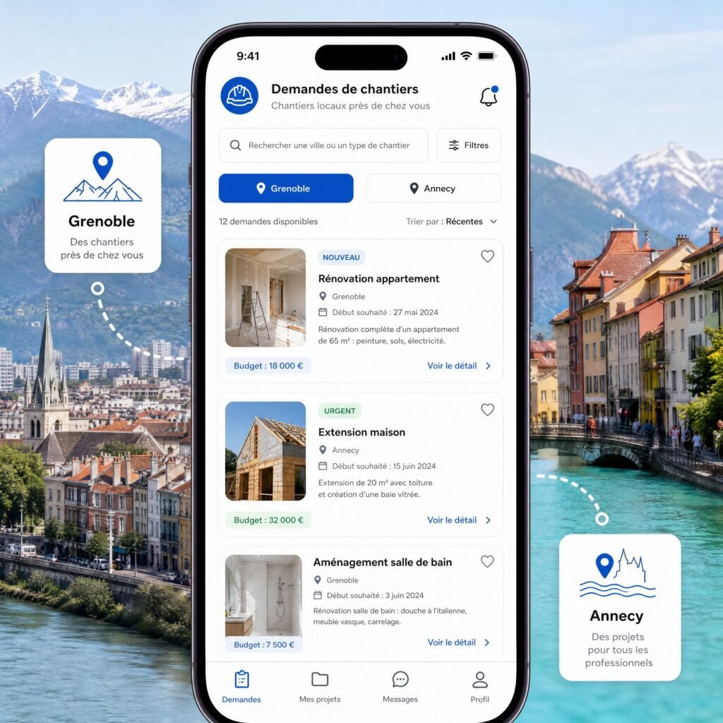 Une interface d'application mobile affichant des demandes de chantiers locaux à Grenoble et Annecy