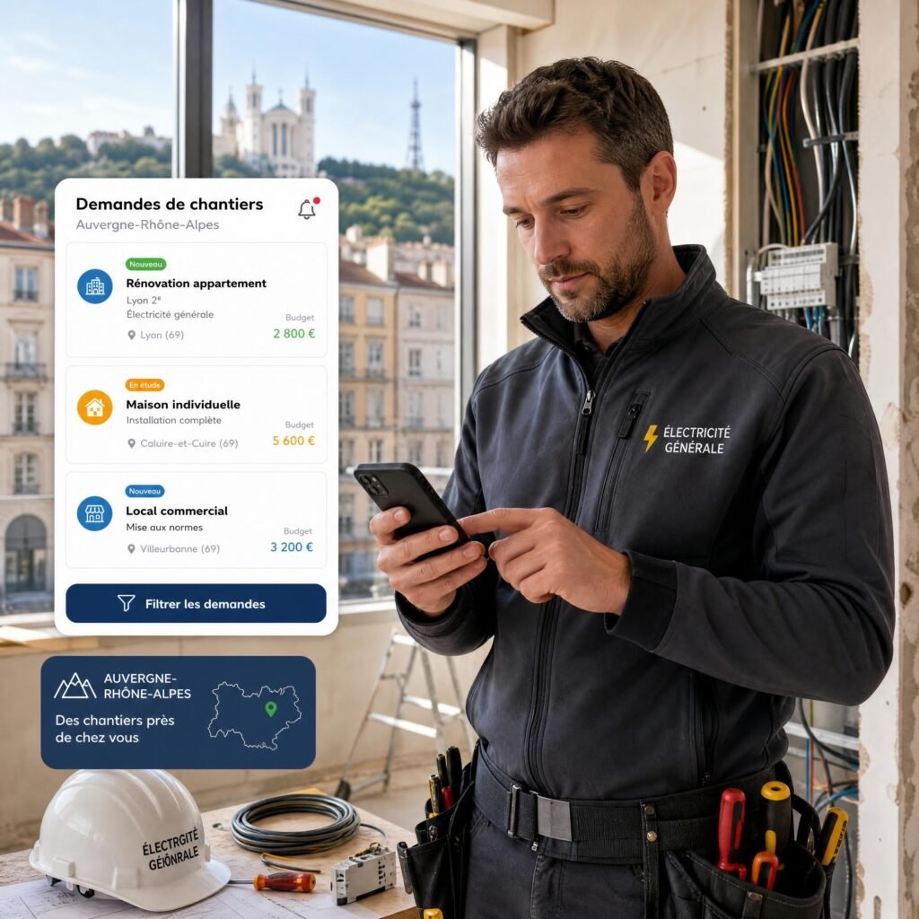 Un artisan électricien de la région Auvergne-Rhône-Alpes analysant des demandes de chantiers sur son smartphone sur un chantier à Lyon