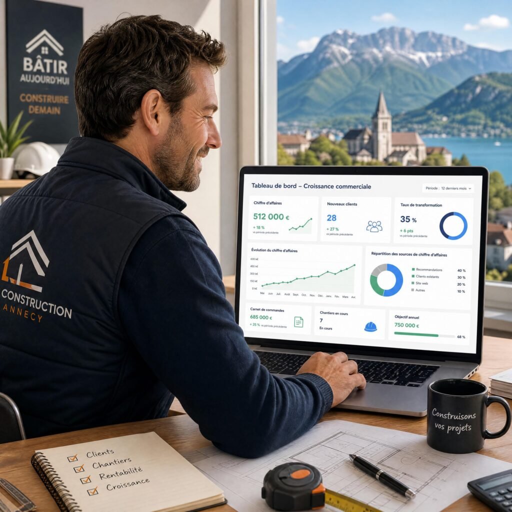 Un chef d'entreprise d'une TPE de construction à Annecy souriant en consultant son tableau de bord de croissance commerciale