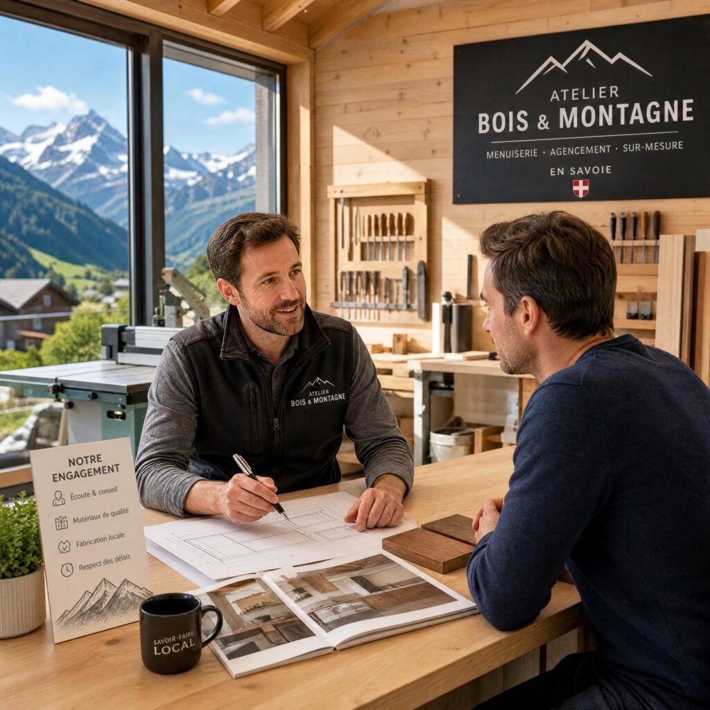 Une réunion d'affaires entre un chef de petite entreprise et un client dans un atelier de menuiserie moderne en Savoie