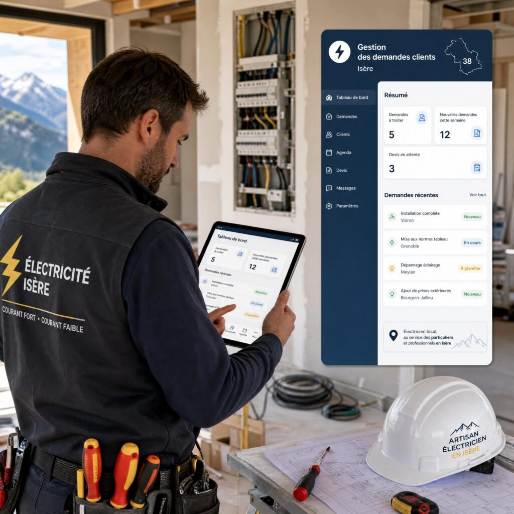 Un artisan électricien basé en Isère utilisant une tablette numérique sur un chantier pour gérer ses demandes clients locales