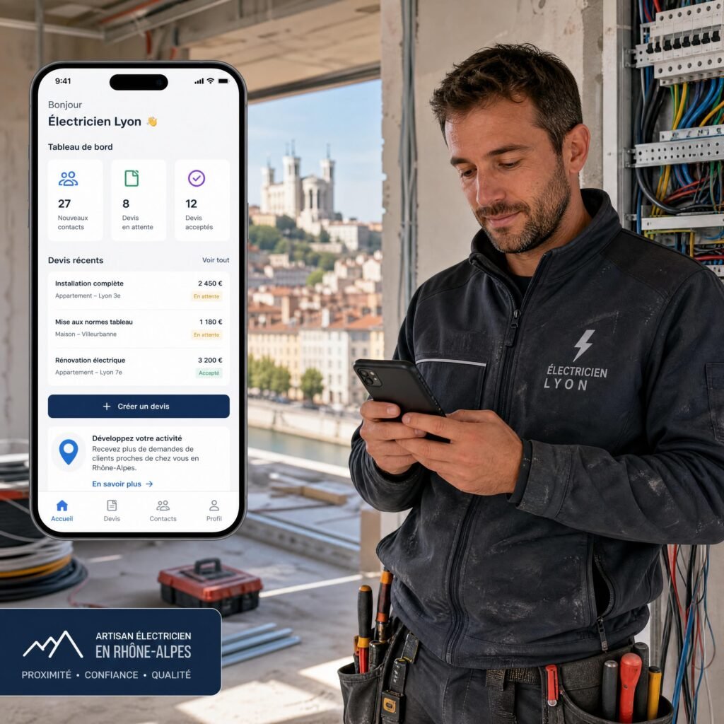 Un artisan électricien lyonnais consultant son smartphone sur un chantier en Rhône-Alpes pour trouver de nouveaux clients et suivre ses devis