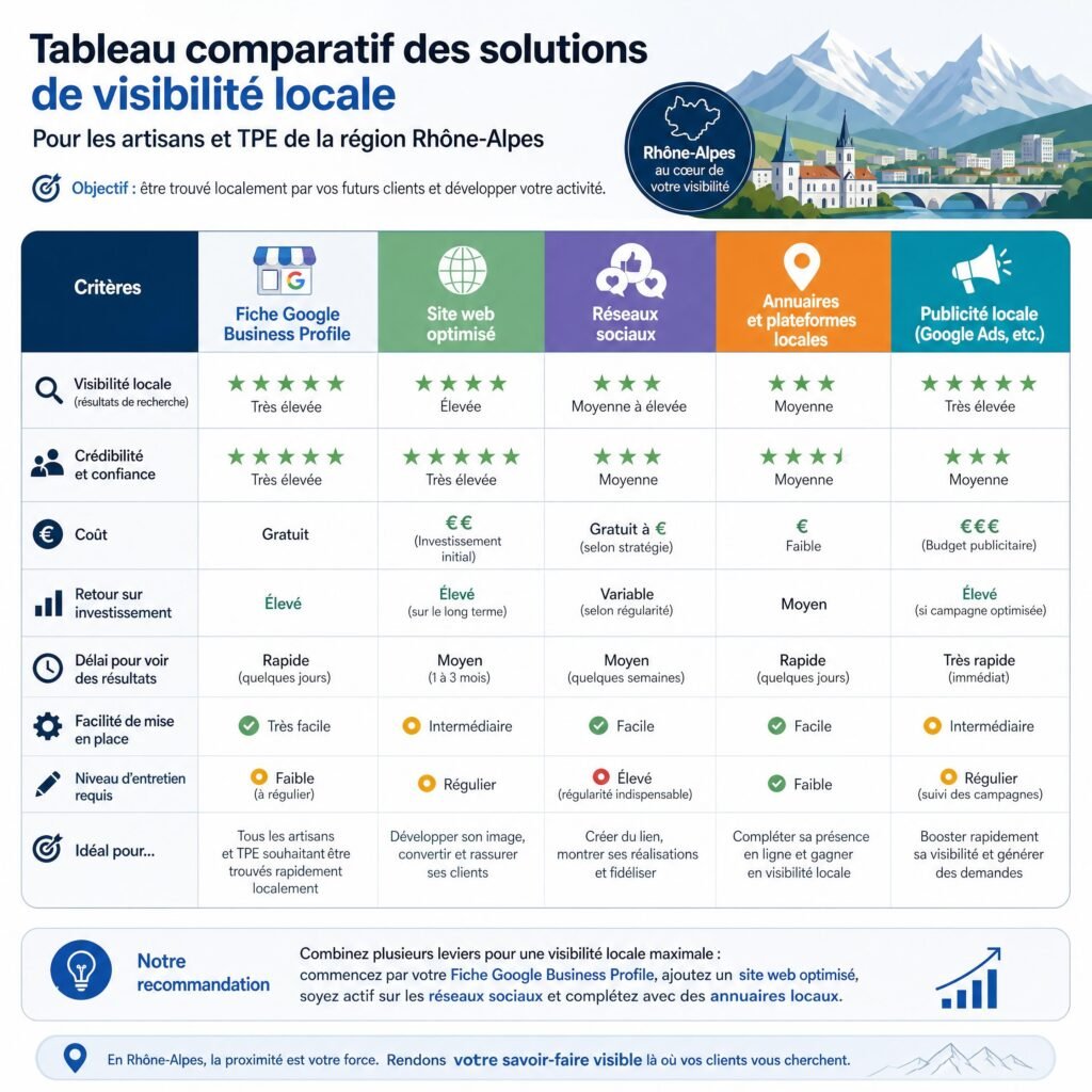 Tableau comparatif des solutions de visibilité locale pour les artisans et TPE de la région Rhône-Alpes