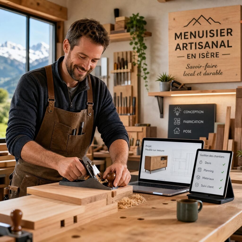 Un artisan menuisier souriant dans son atelier en Isère, travaillant sur une pièce de bois avec des outils numériques à proximité