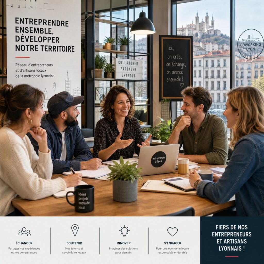 Une réunion d'entrepreneurs et d'artisans locaux échangeant chaleureusement autour d'une table dans un espace de coworking à Lyon