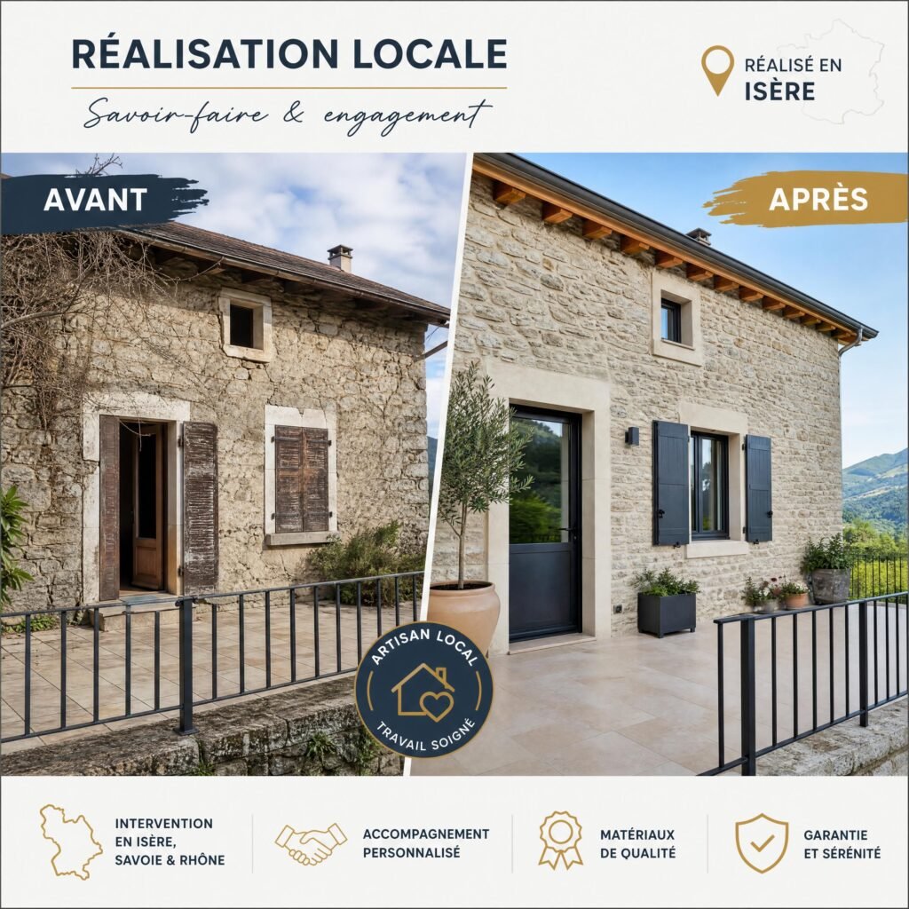 Montage avant-après montrant la réalisation d’un artisan local en Isère, Savoie ou Rhône