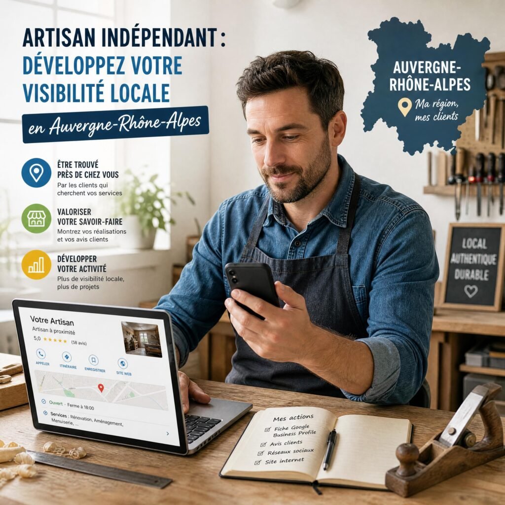 Artisan indépendant travaillant sur sa visibilité locale en Auvergne-Rhône-Alpes avec un ordinateur et un téléphone
