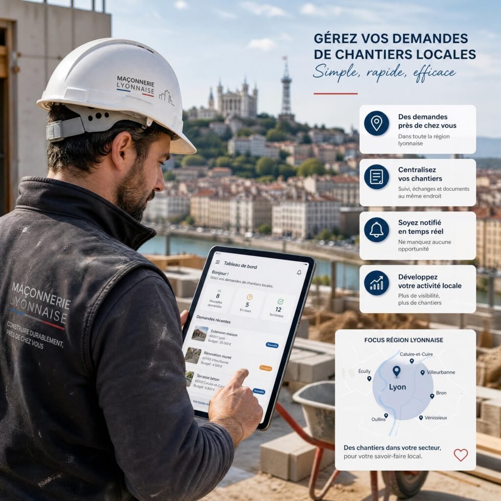 Un artisan maçon de la région lyonnaise utilisant une application sur tablette pour gérer ses demandes de chantiers locales
