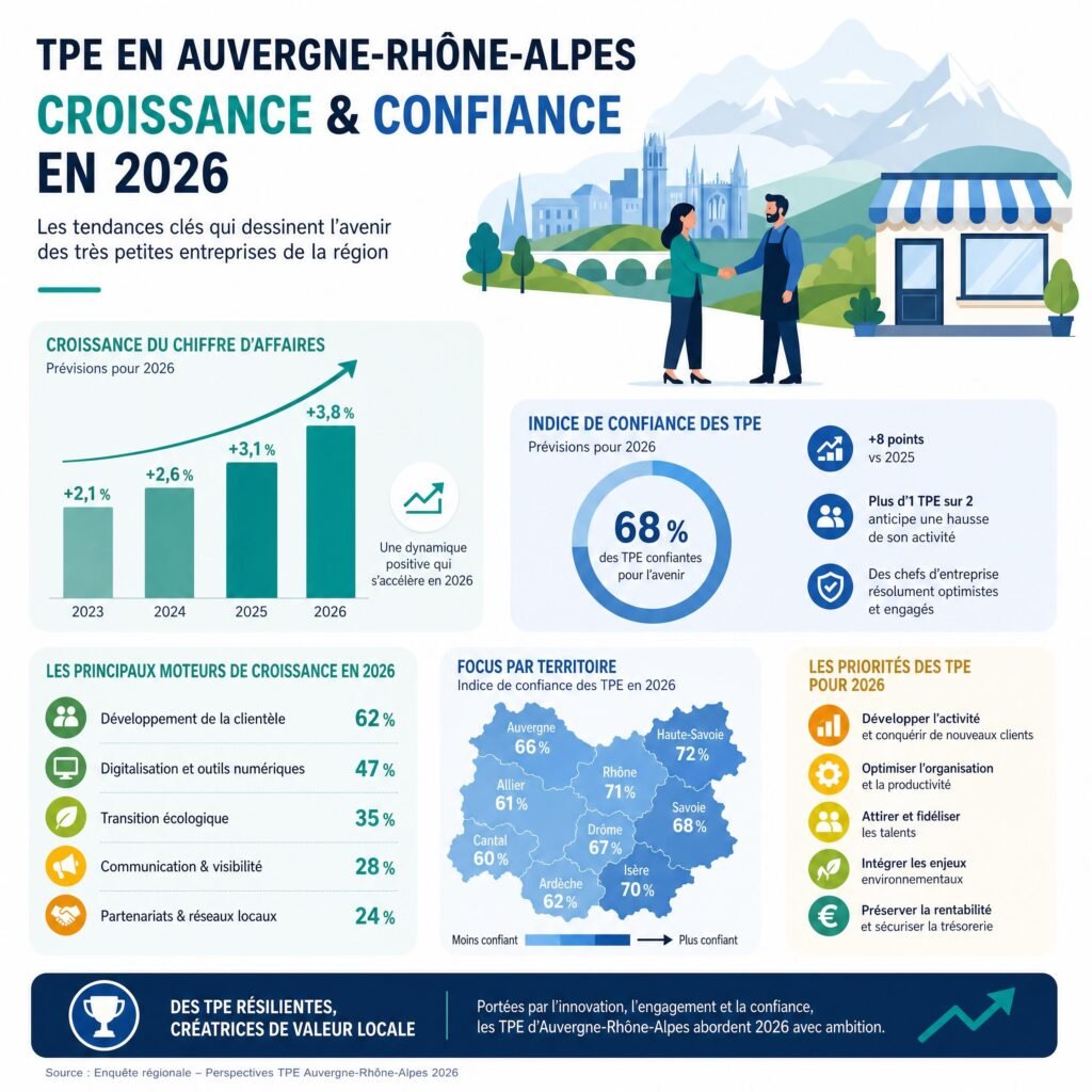 Infographie des tendances de croissance et de confiance des TPE en Auvergne-Rhône-Alpes pour 2026
