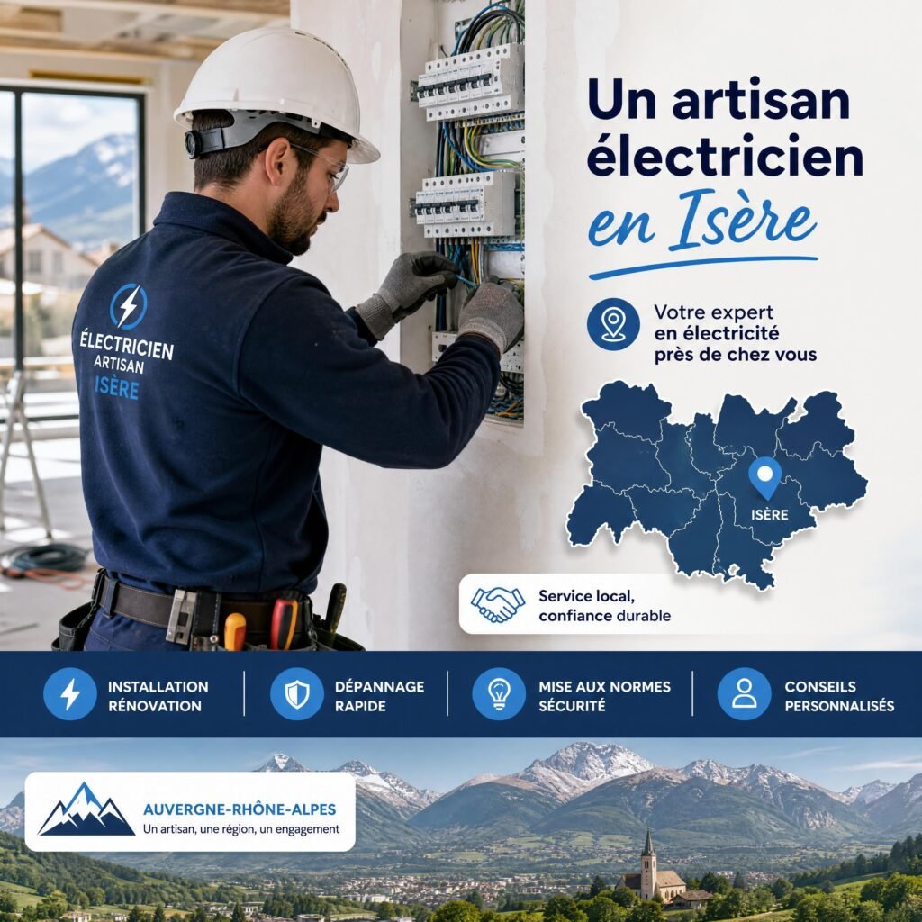 Un artisan électricien en Isère travaillant sur un chantier, illustrant la visibilité locale en Auvergne-Rhône-Alpes