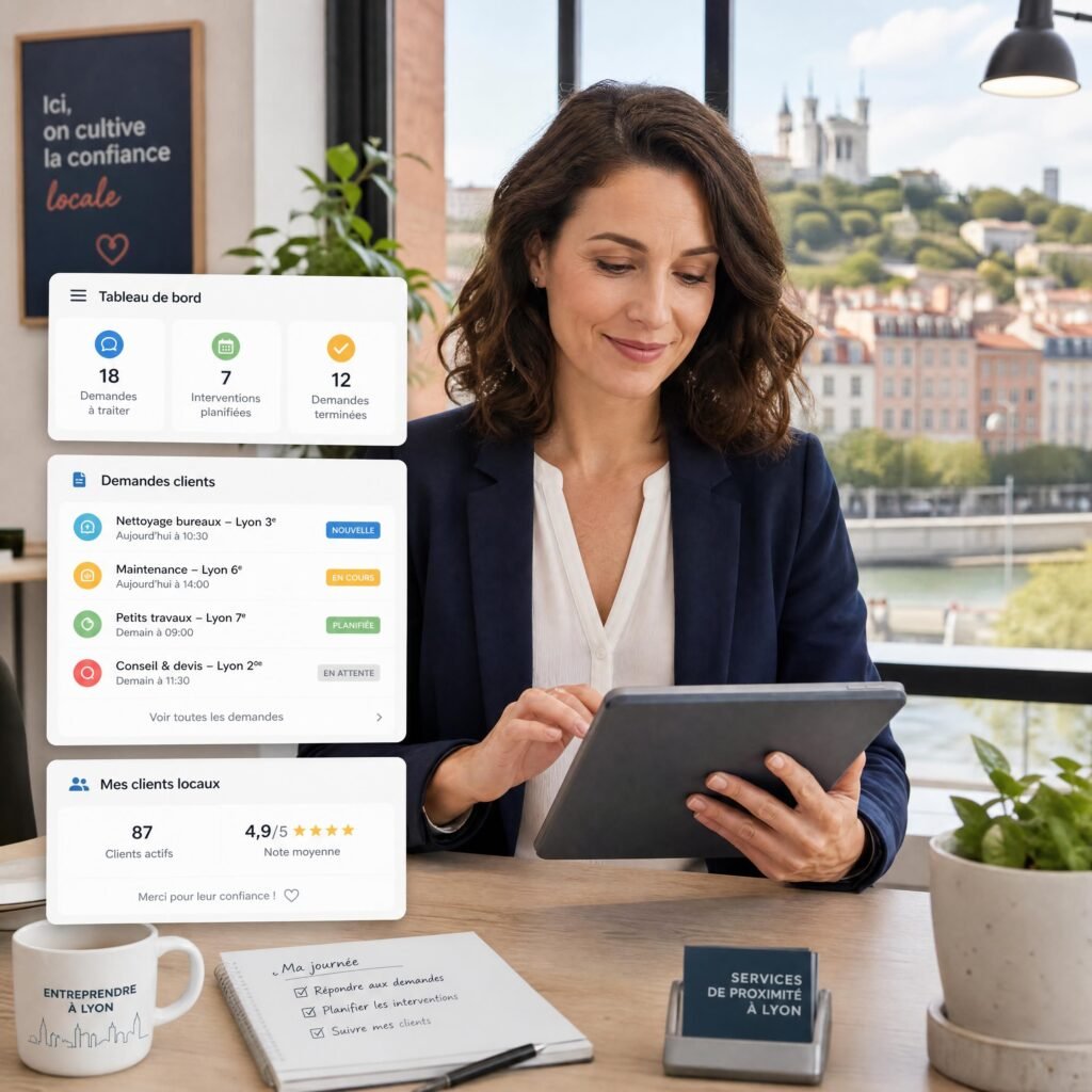 Une gérante de TPE de services à Lyon utilisant une tablette pour gérer ses demandes clients locales