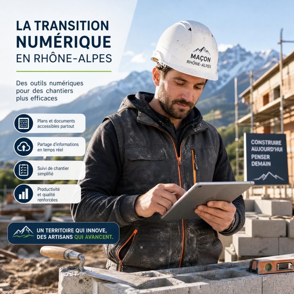 Un artisan maçon de la région Rhône-Alpes consultant sa tablette sur un chantier, illustrant la transition numérique locale