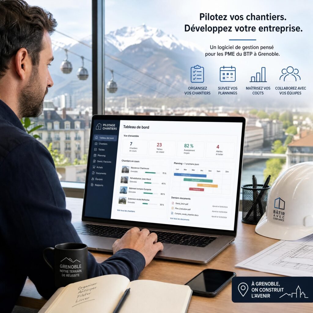 Dirigeant de PME à Grenoble utilisant un logiciel de gestion pour piloter ses chantiers