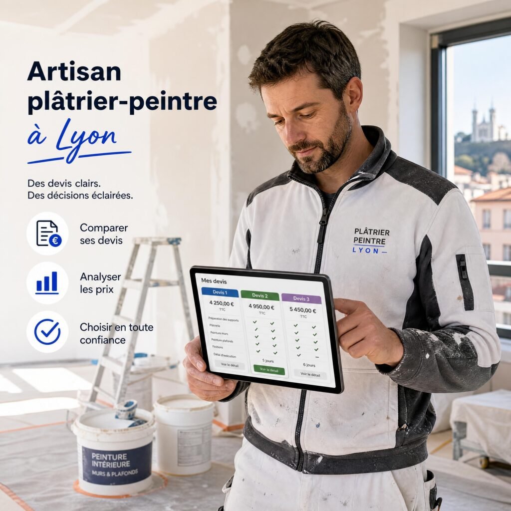 Artisan plâtrier-peintre à Lyon analysant ses devis sur sa tablette de chantier