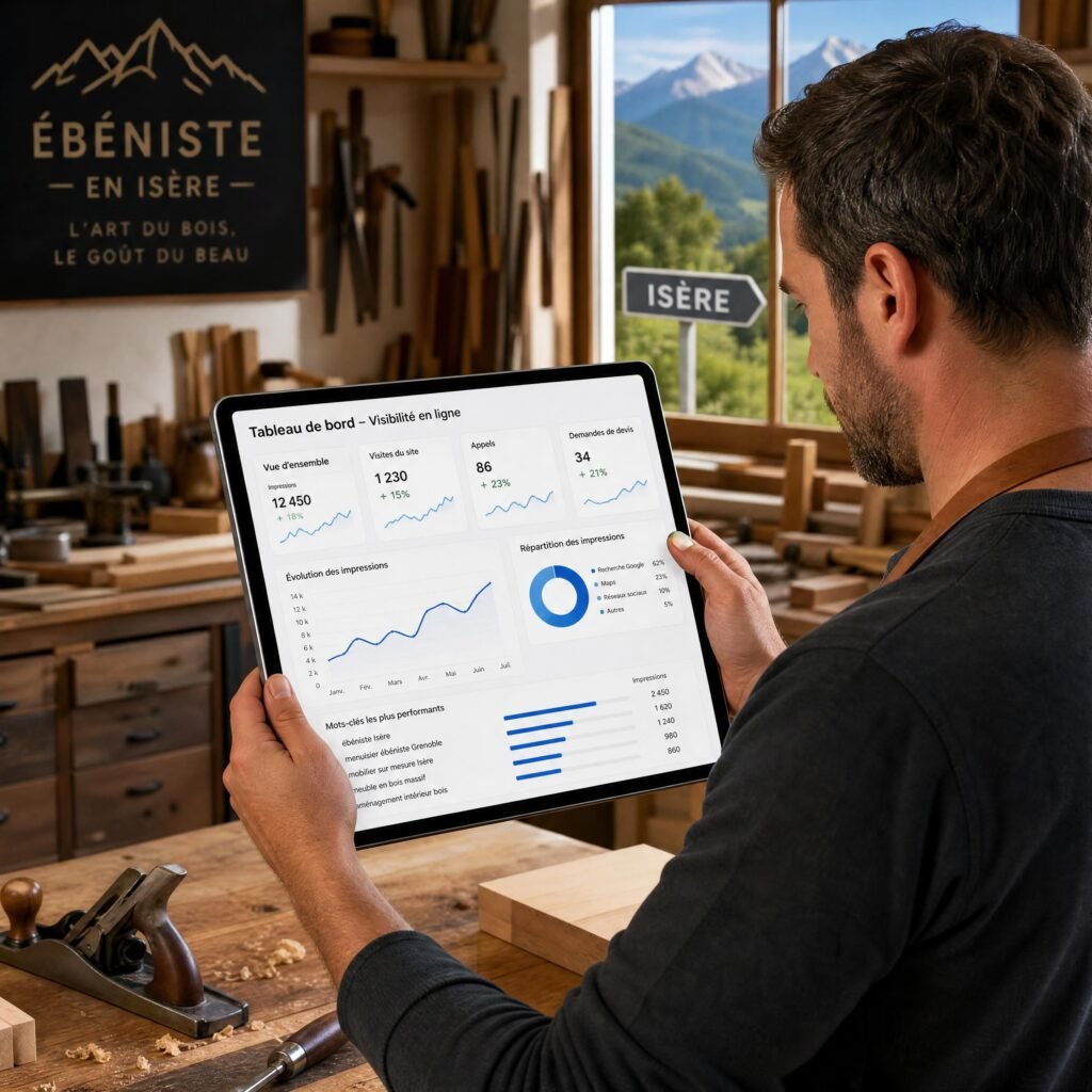 Un artisan ébéniste en Isère analysant ses performances de visibilité sur sa tablette numérique dans son atelier