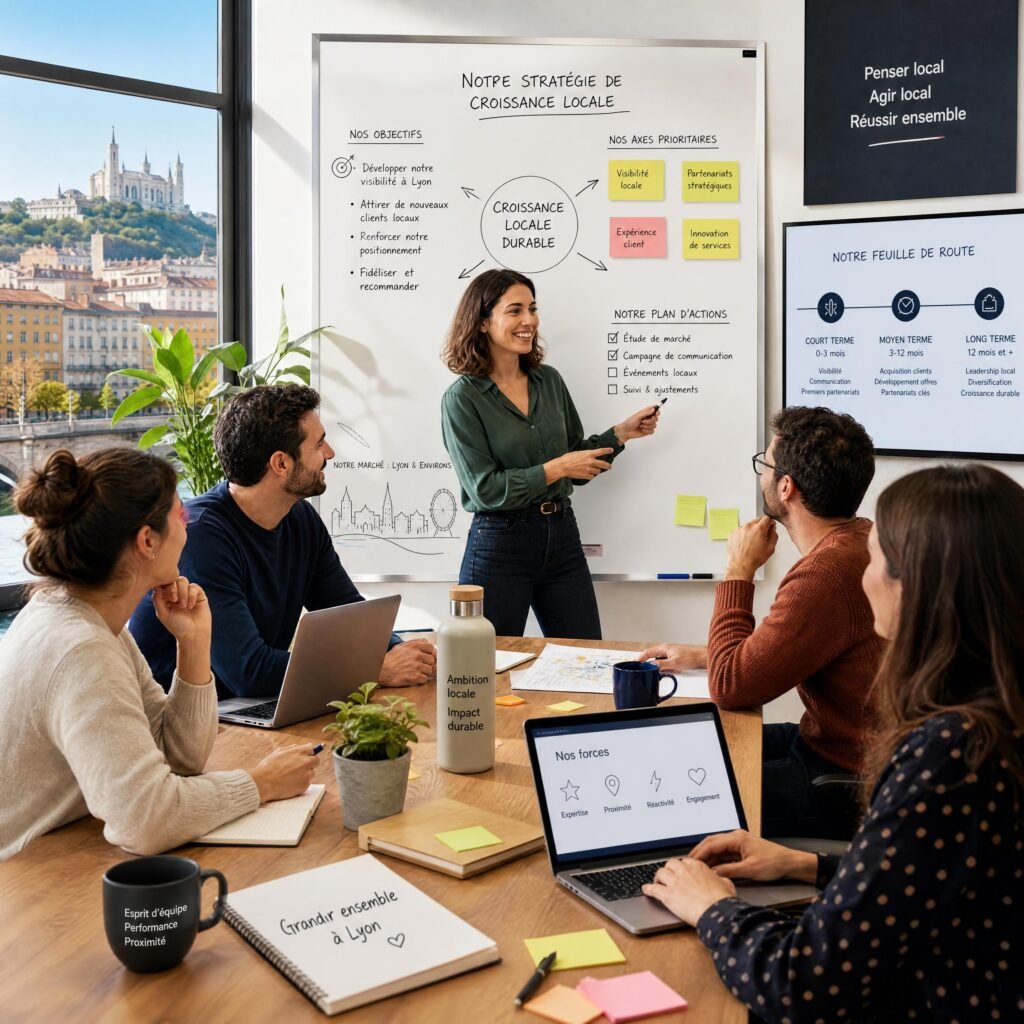 Une réunion d'équipe dynamique au sein d'une PME de services à Lyon planifiant sa stratégie de croissance locale